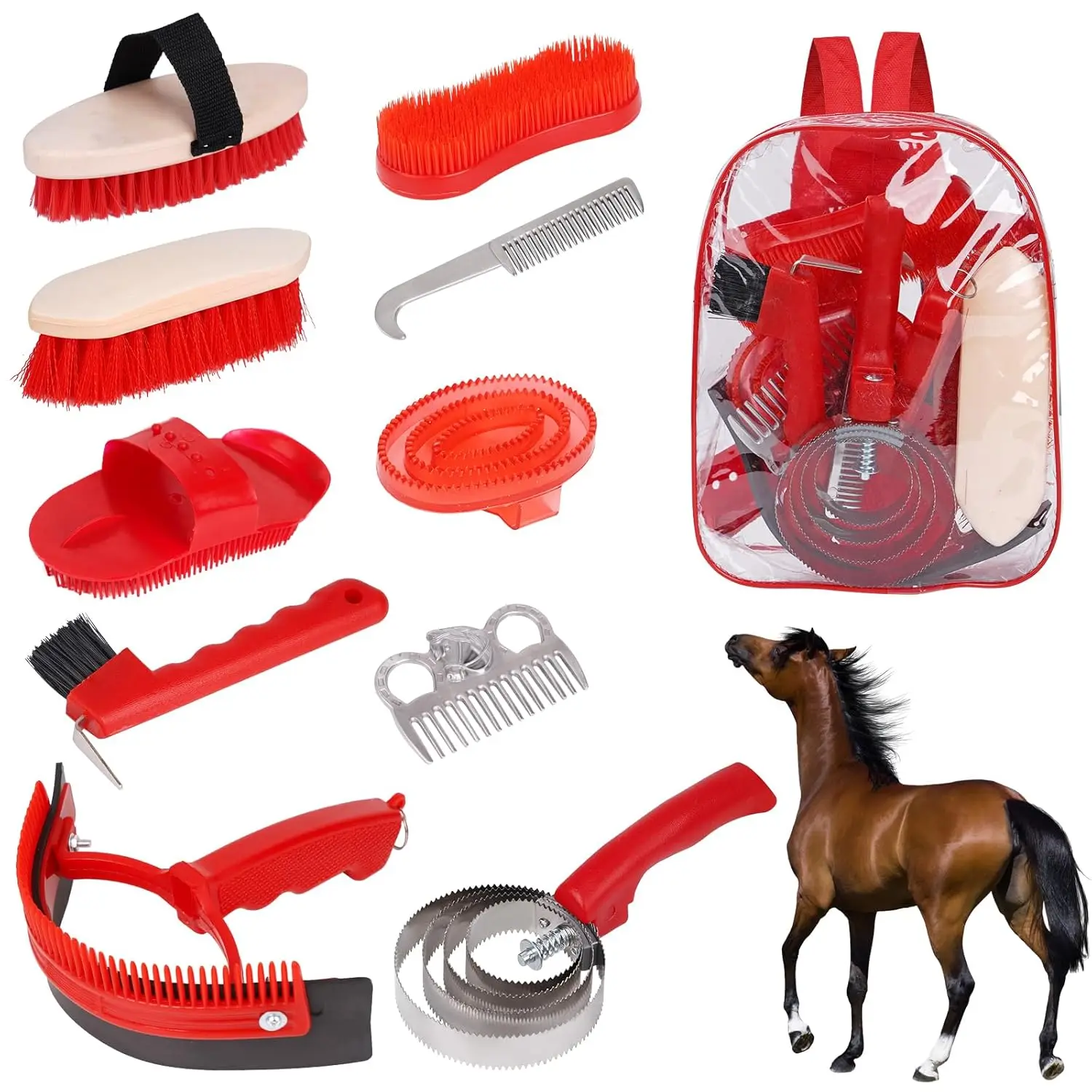 Horse Grooming Kit Horse Brushes for Grooming 10 Pcs Horse Cleaning Tool Set with Tote Bag Brush Supplies Equine Care Supplies - Image 2