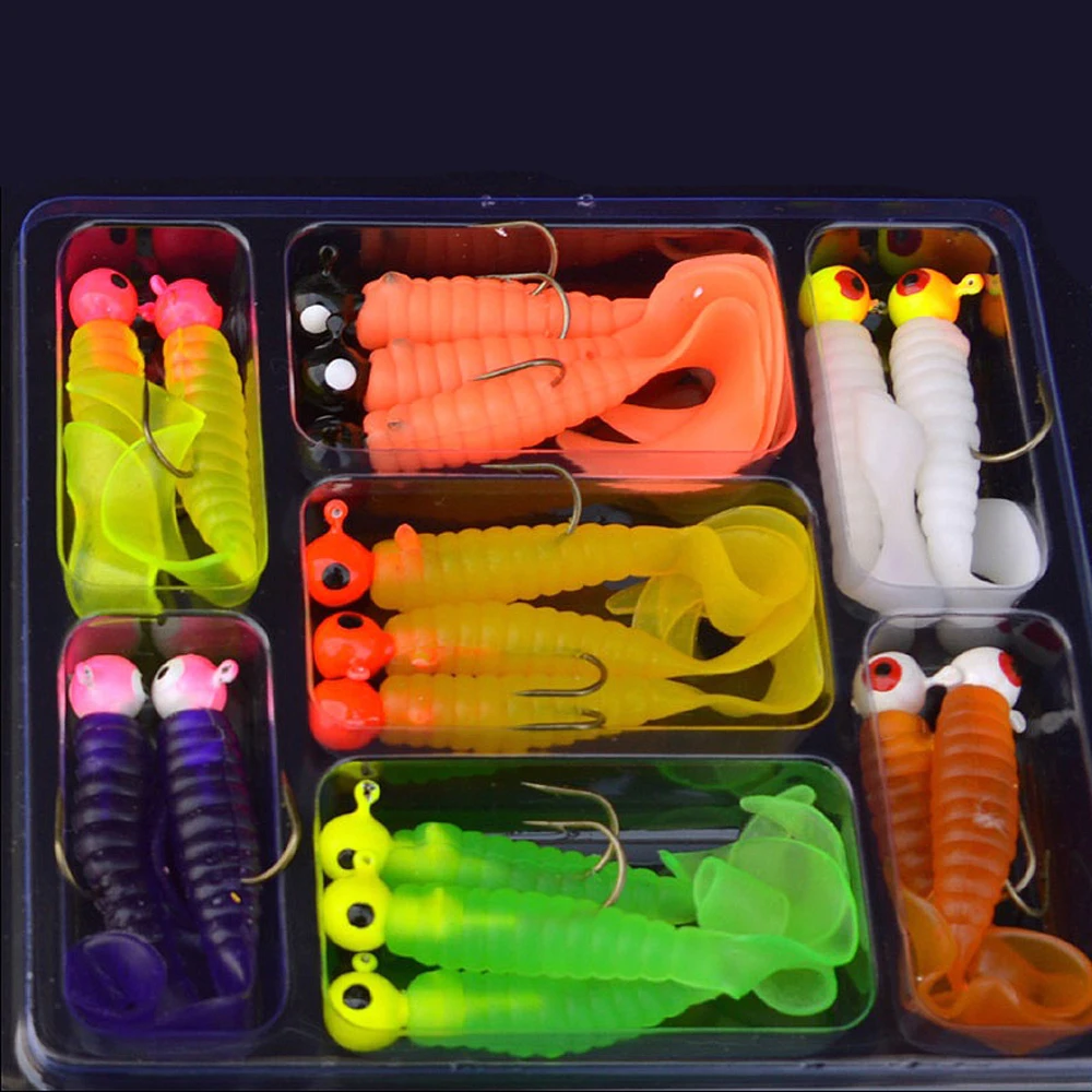 34pcs 1 Set 17pcs Metal Jig Head Fishing Hooks + 17pcs Soft Worm Lure Grub Silicone Fish Artificial Bait Tackle - Image 5