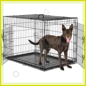 36 Inch Double Door Folding Metal Dog Crate with Divider Panel, Leak-Proof Tray for Indoor Outdoor Travel Use