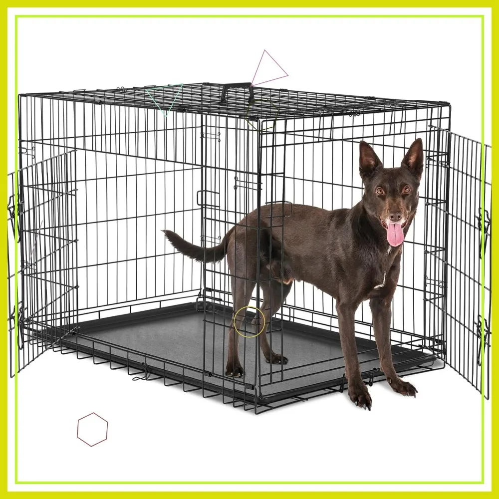 36 Inch Double Door Folding Metal Dog Crate with Divider Panel, Leak-Proof Tray for Indoor Outdoor Travel Use