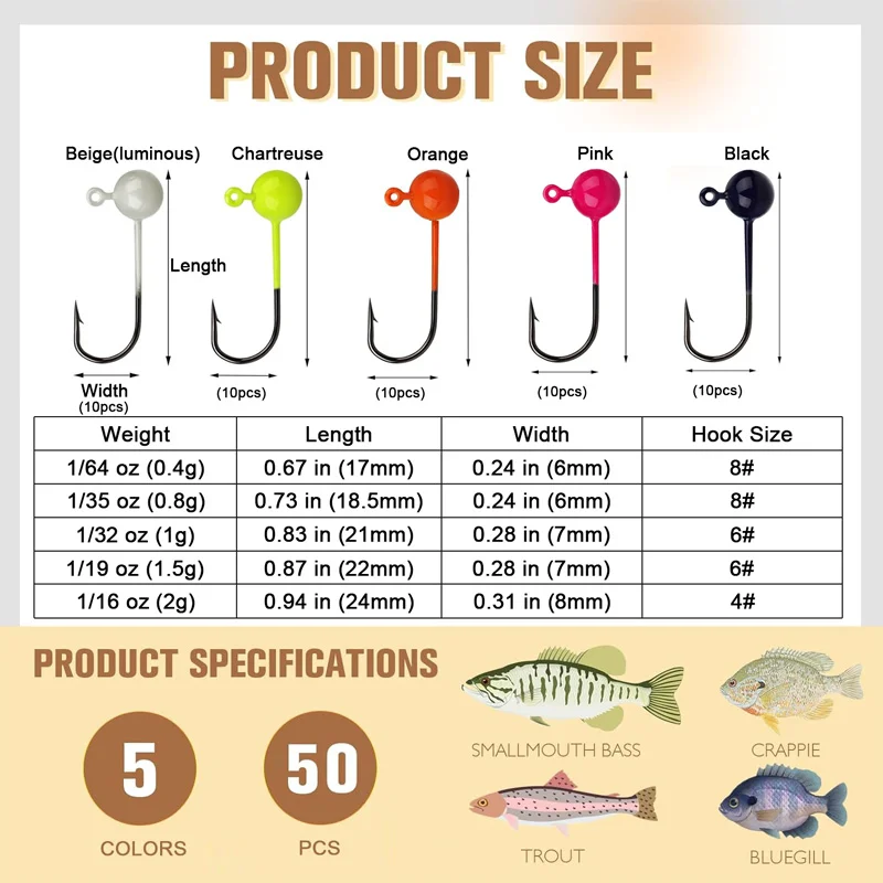 50PCS Fishing Hooks Set 0.4/0.8/1/1.5/2g Sharp Durable Barbed Jig Head Hook Fishihooks Fishing Equipment Gear Tackle Accessories - Image 2
