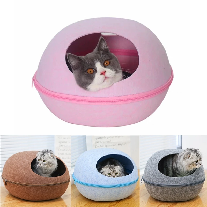 Cat Bed Detachable Natural felt Cat Bed Breathable Cat Cave Dark Gray Cat Bed House With Cushion for Pets Cats Pet Accessories - Image 2