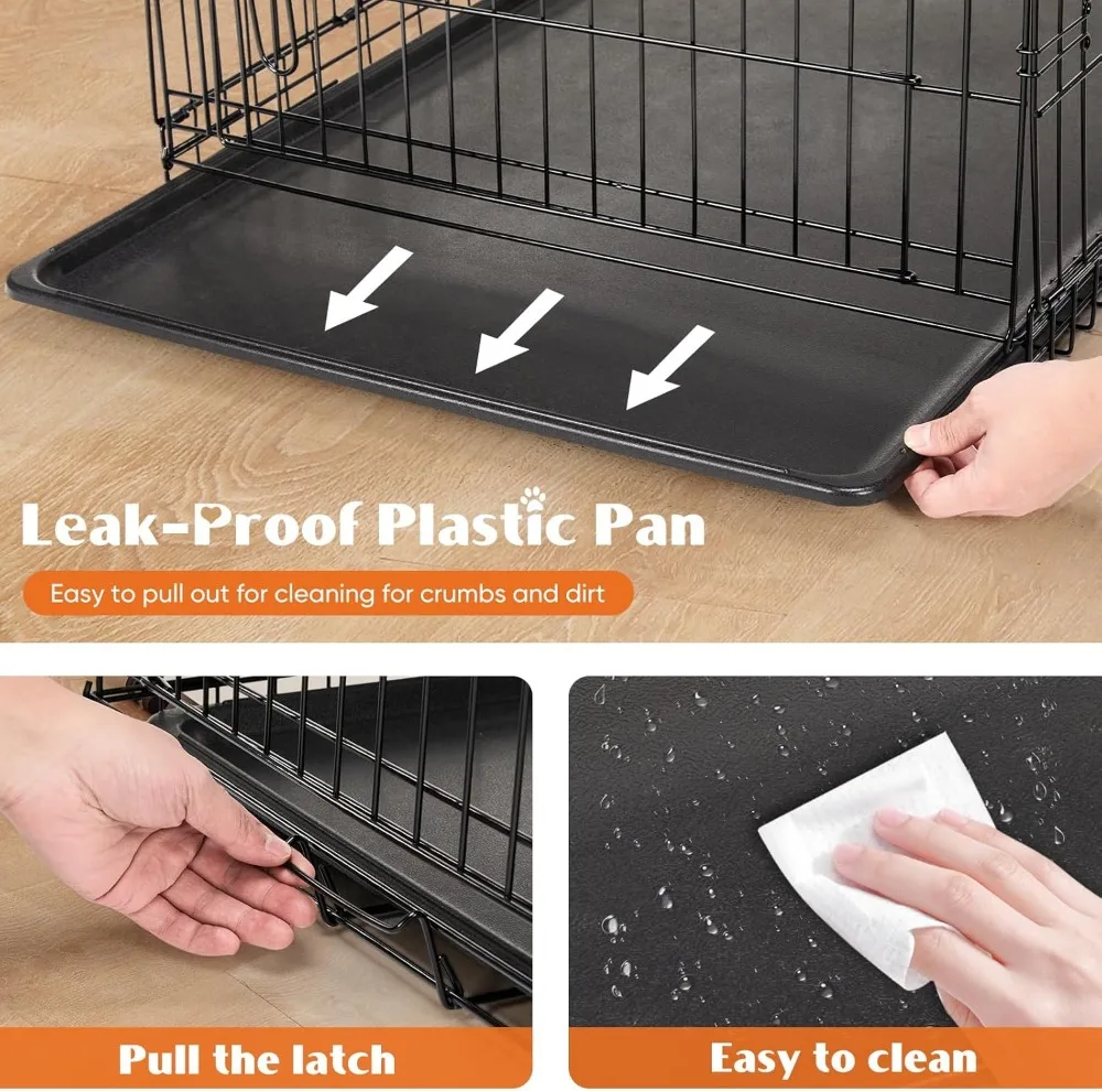 36 Inch Double Door Folding Metal Dog Crate with Divider Panel, Leak-Proof Tray for Indoor Outdoor Travel Use - Image 4