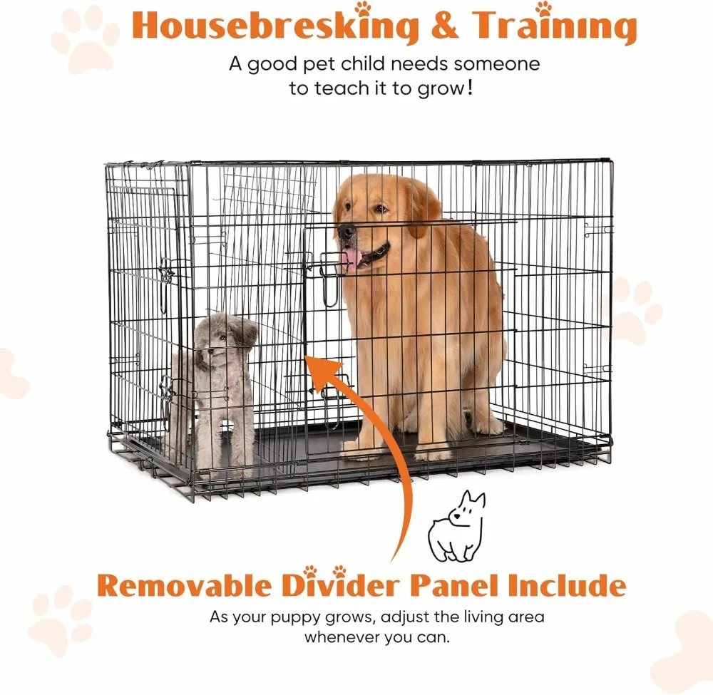 36 Inch Double Door Folding Metal Dog Crate with Divider Panel, Leak-Proof Tray for Indoor Outdoor Travel Use - Image 3