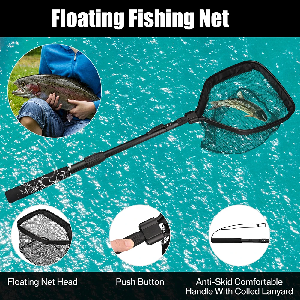 Floating Fishing Net Foldable Landing Net Easy Catch&Release with Telescopic Pole Rubber Coated Fish Net for Saltwater Freshwate - Image 2