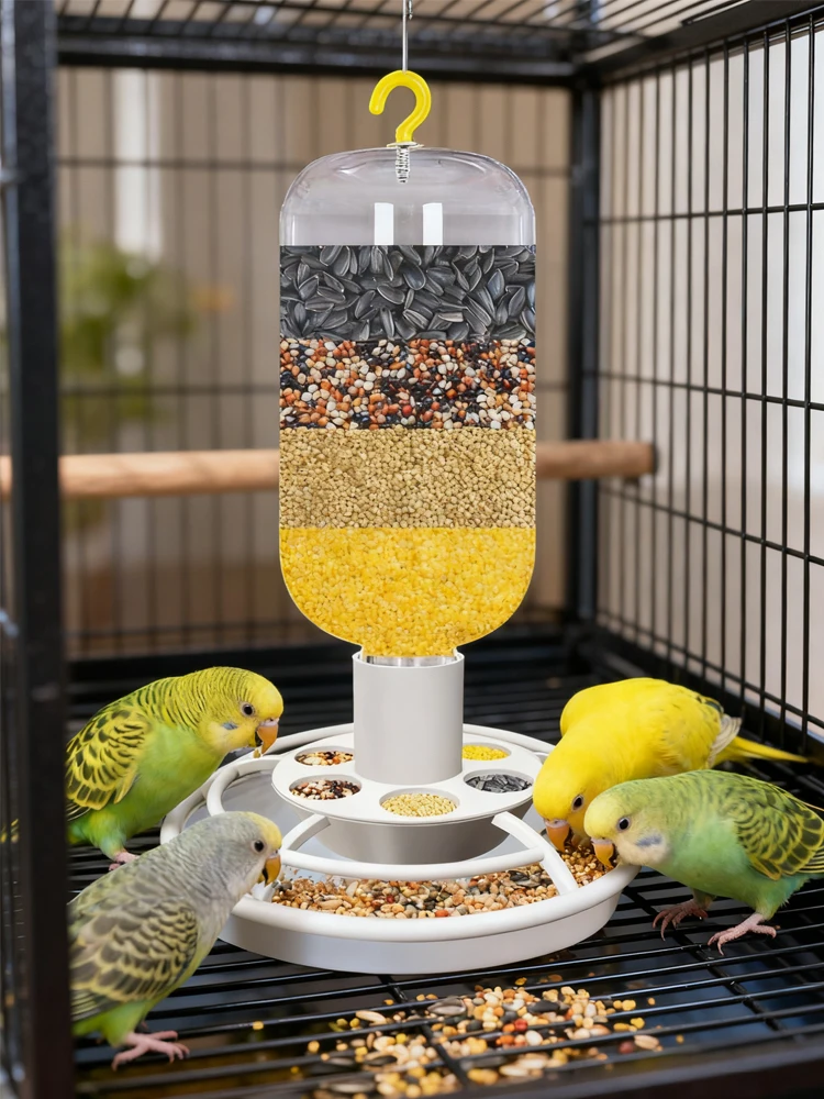 Automatic Bird Feeder with Anti-Scatter, Parrot Food Dispenser for Cage, Hanging Hook Auto-Feeding Container for Small Birds 