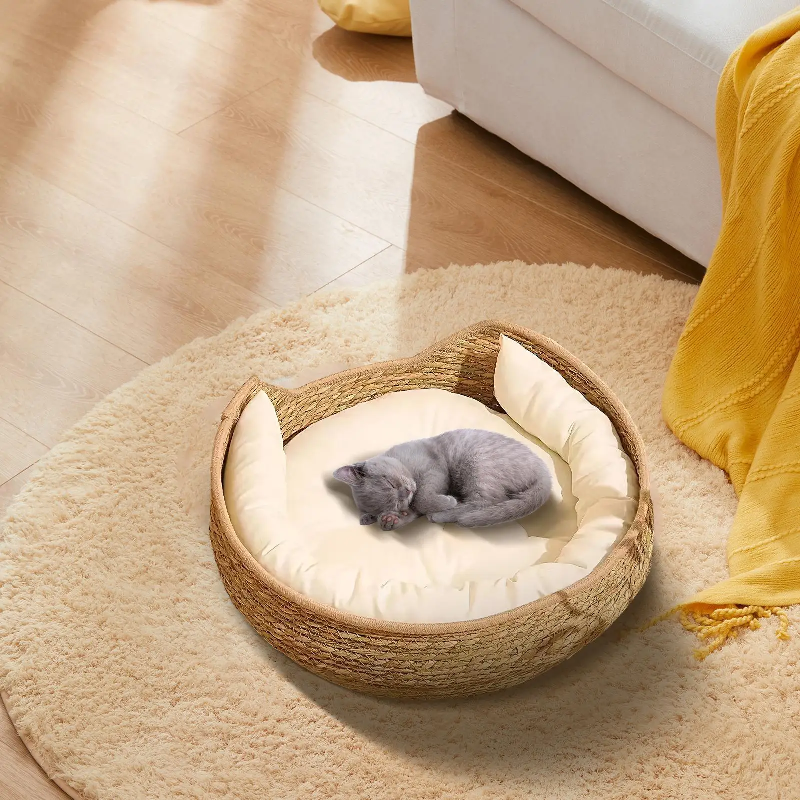 Cat Bed Cotton Rope Round Bed for Cat Sleep with Pillow All Season Indoor Weaving Pet Resting Scratching Sleeping Furniture - Image 2
