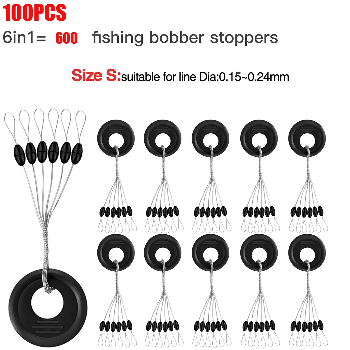 Rubber Fishing Bobber Stopper,6 in 1 Float Sinker Stops,Black Oval Cylinder,L M S Float Stop Available - Image 12
