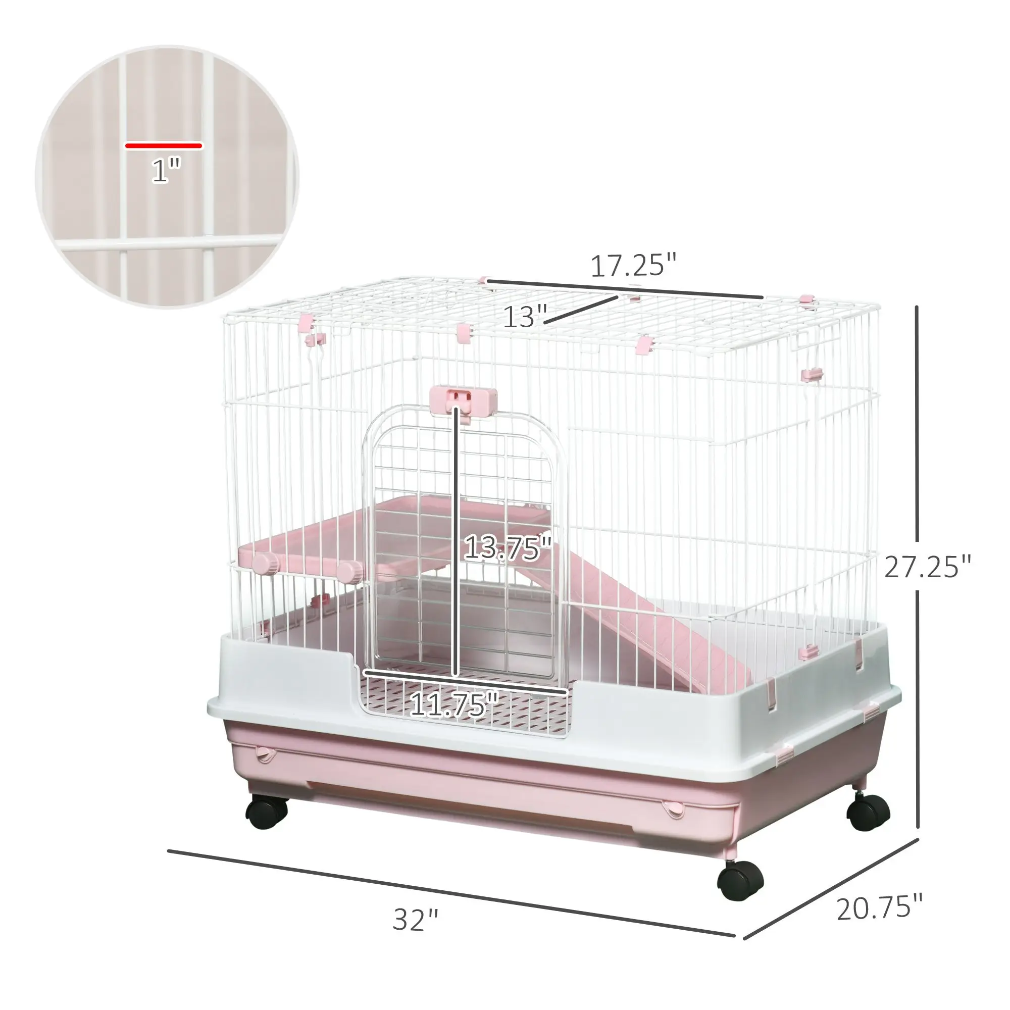 2-Level Pink Rabbit Hutch with Wheels for Small Animals Removable Tray for Bunny Chinchillas Ferrets Pet Cage - Image 3
