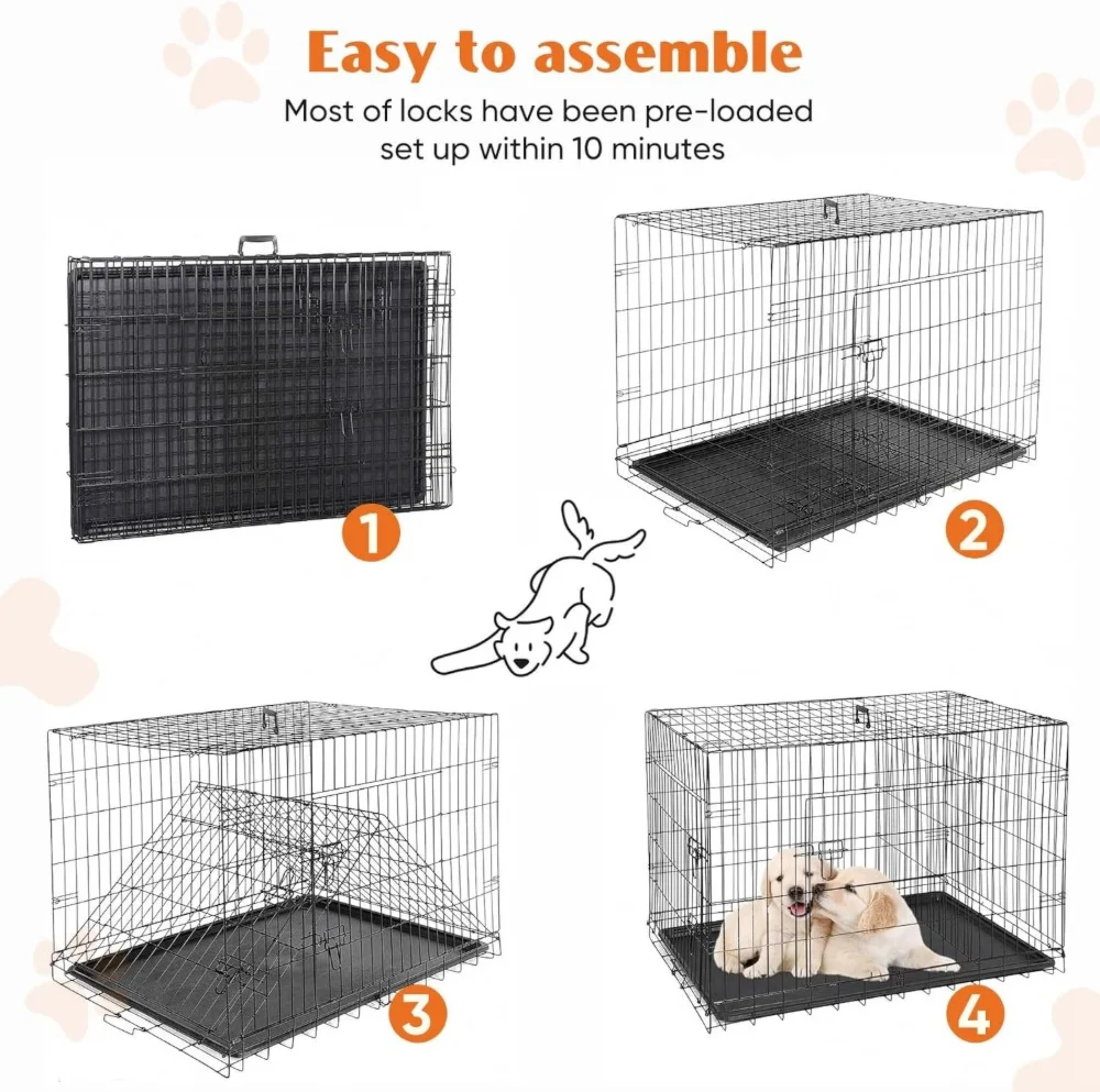 36 Inch Double Door Folding Metal Dog Crate with Divider Panel, Leak-Proof Tray for Indoor Outdoor Travel Use - Image 5