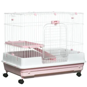 2-Level Pink Rabbit Hutch with Wheels for Small Animals Removable Tray for Bunny Chinchillas Ferrets Pet Cage