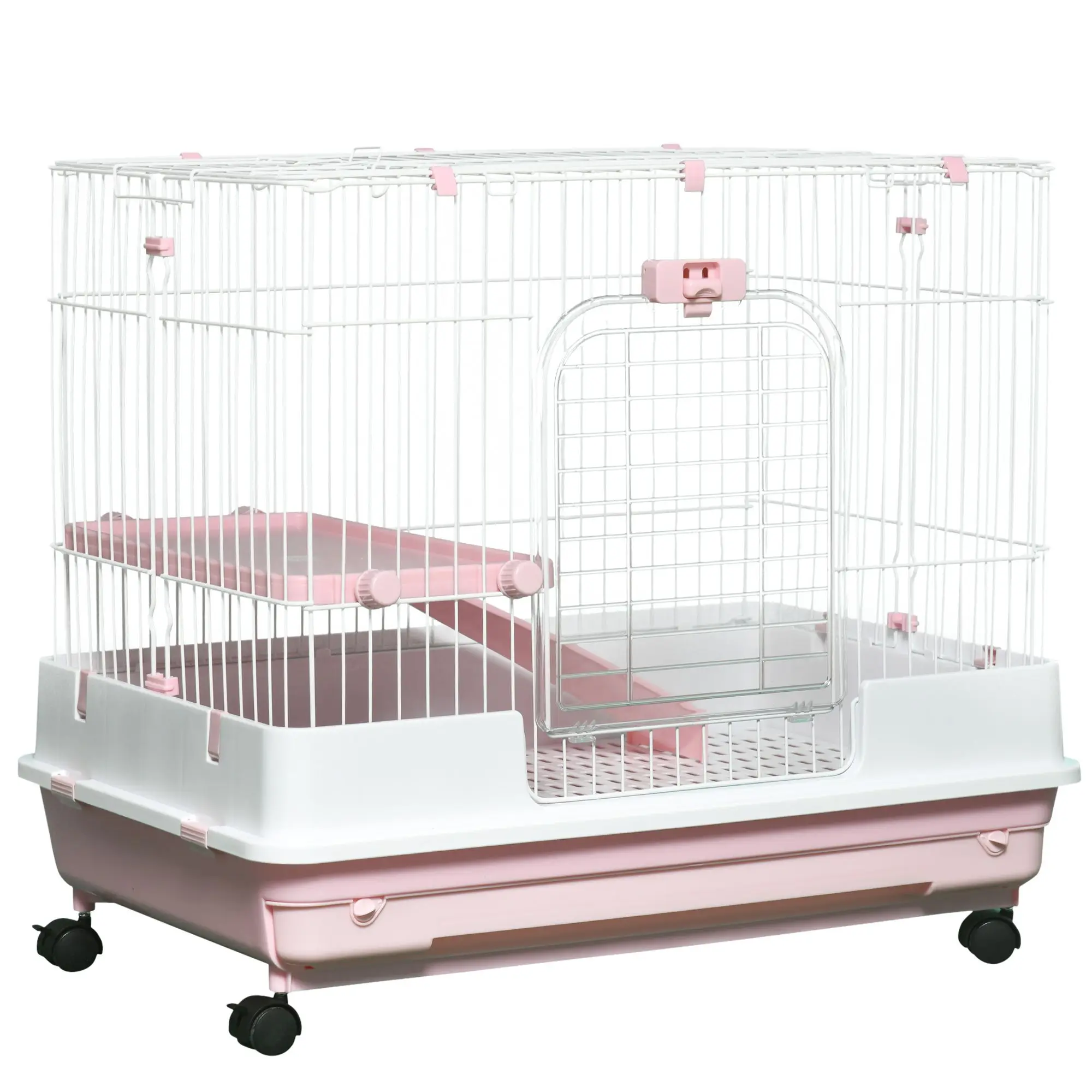 2-Level Pink Rabbit Hutch with Wheels for Small Animals Removable Tray for Bunny Chinchillas Ferrets Pet Cage