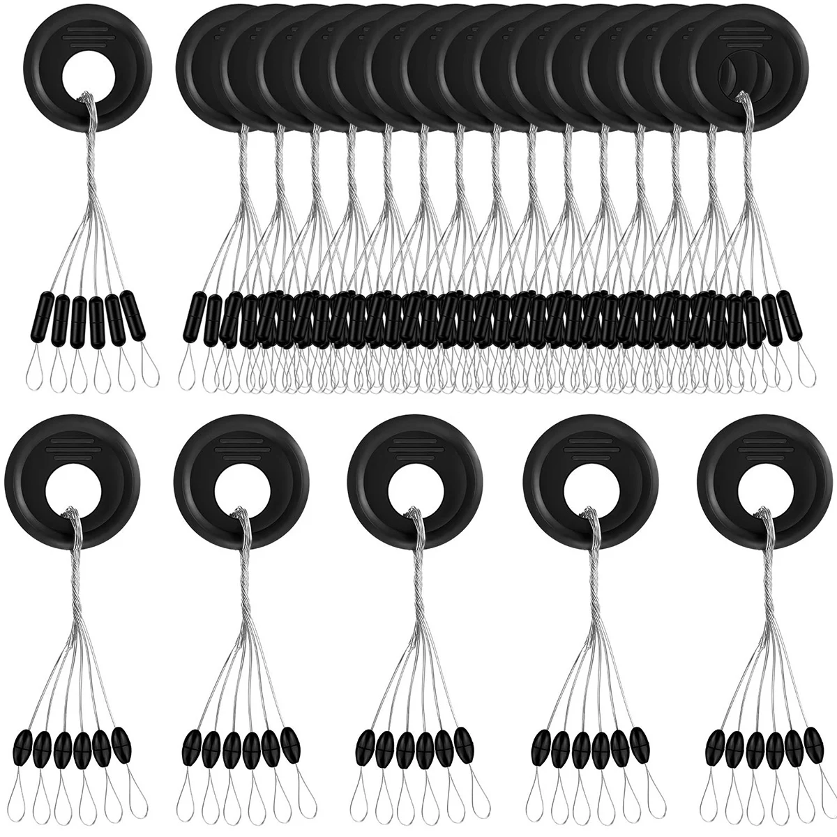 Rubber Fishing Bobber Stopper,6 in 1 Float Sinker Stops,Black Oval Cylinder,L M S Float Stop Available