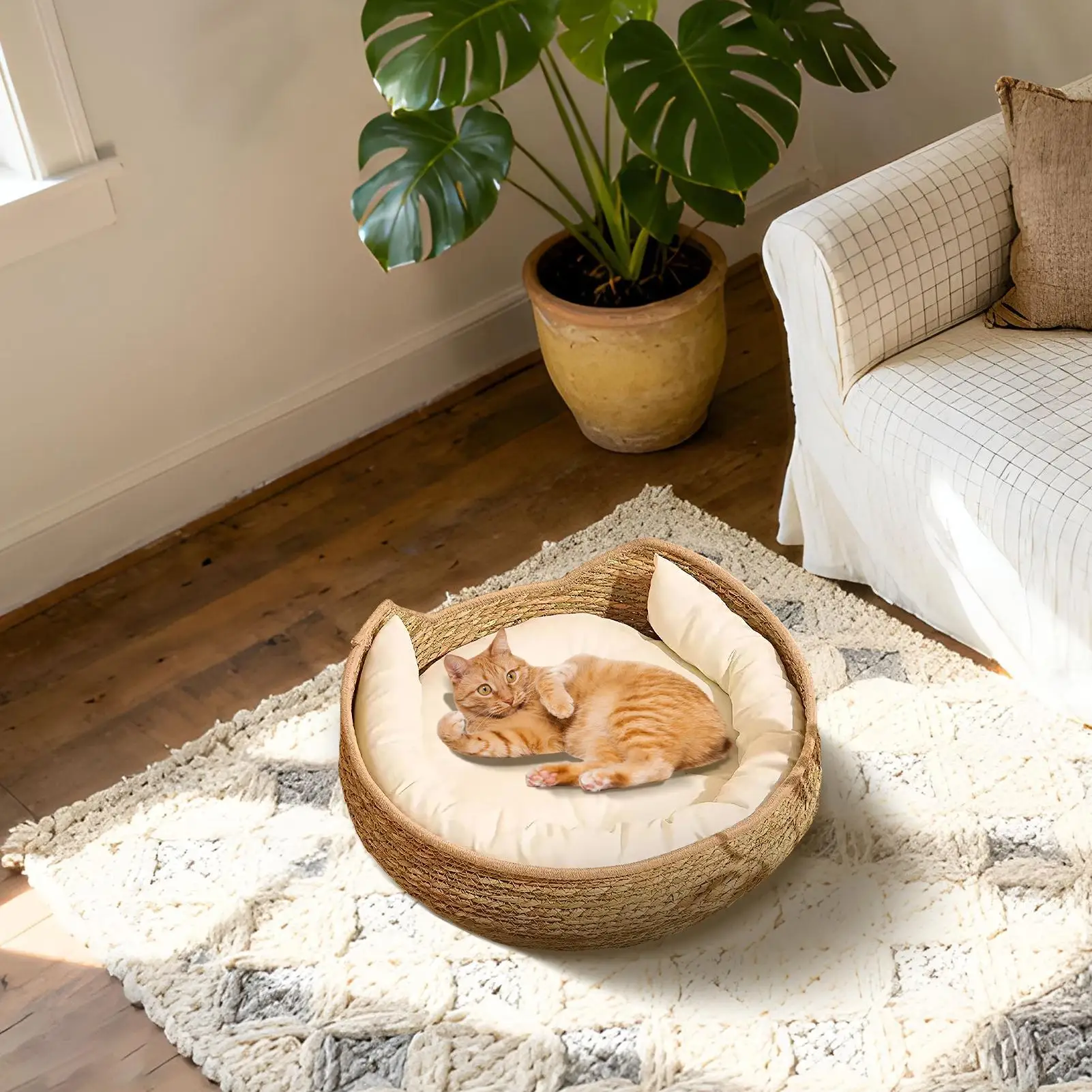 Cat Bed Cotton Rope Round Bed for Cat Sleep with Pillow All Season Indoor Weaving Pet Resting Scratching Sleeping Furniture - Image 3
