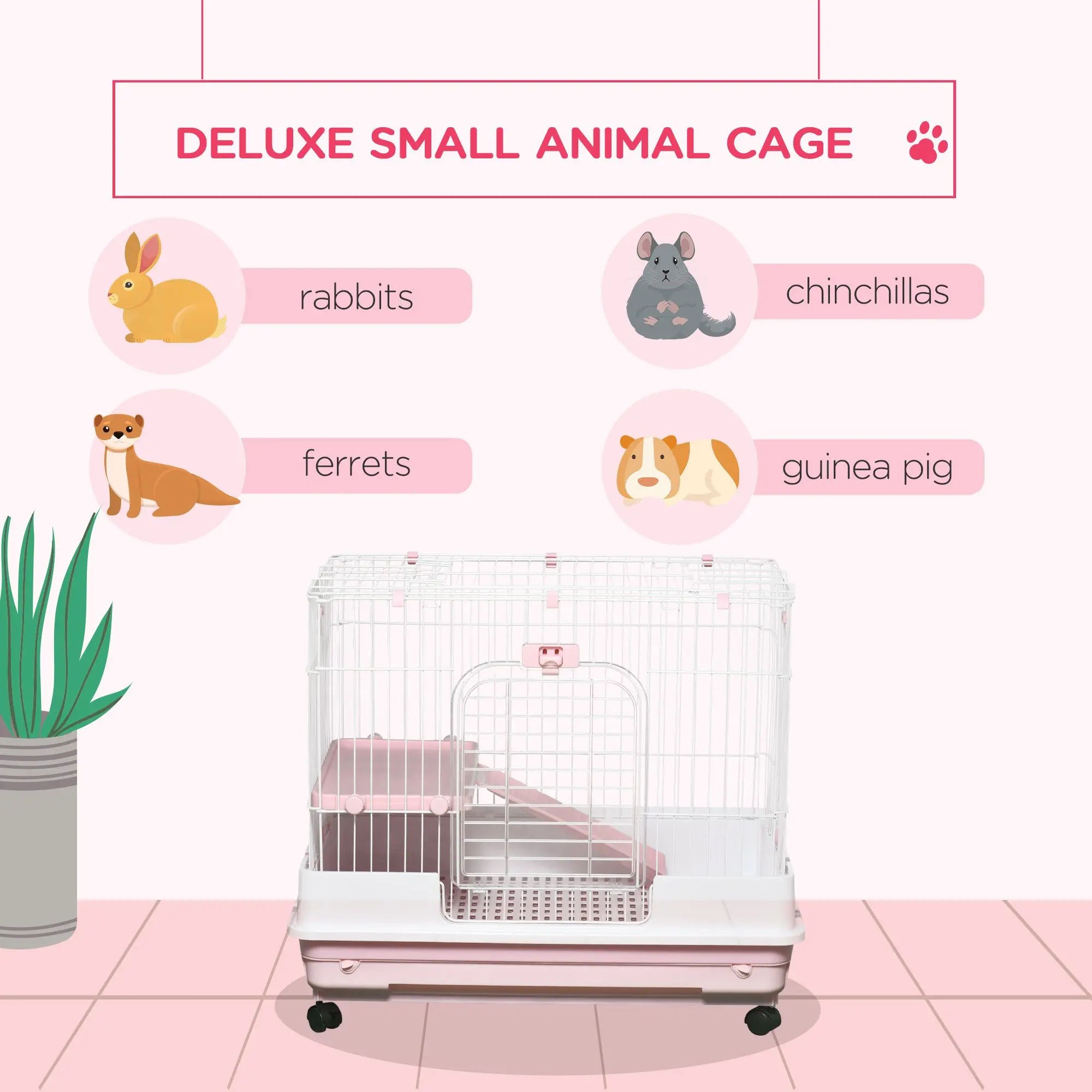 2-Level Pink Rabbit Hutch with Wheels for Small Animals Removable Tray for Bunny Chinchillas Ferrets Pet Cage - Image 4