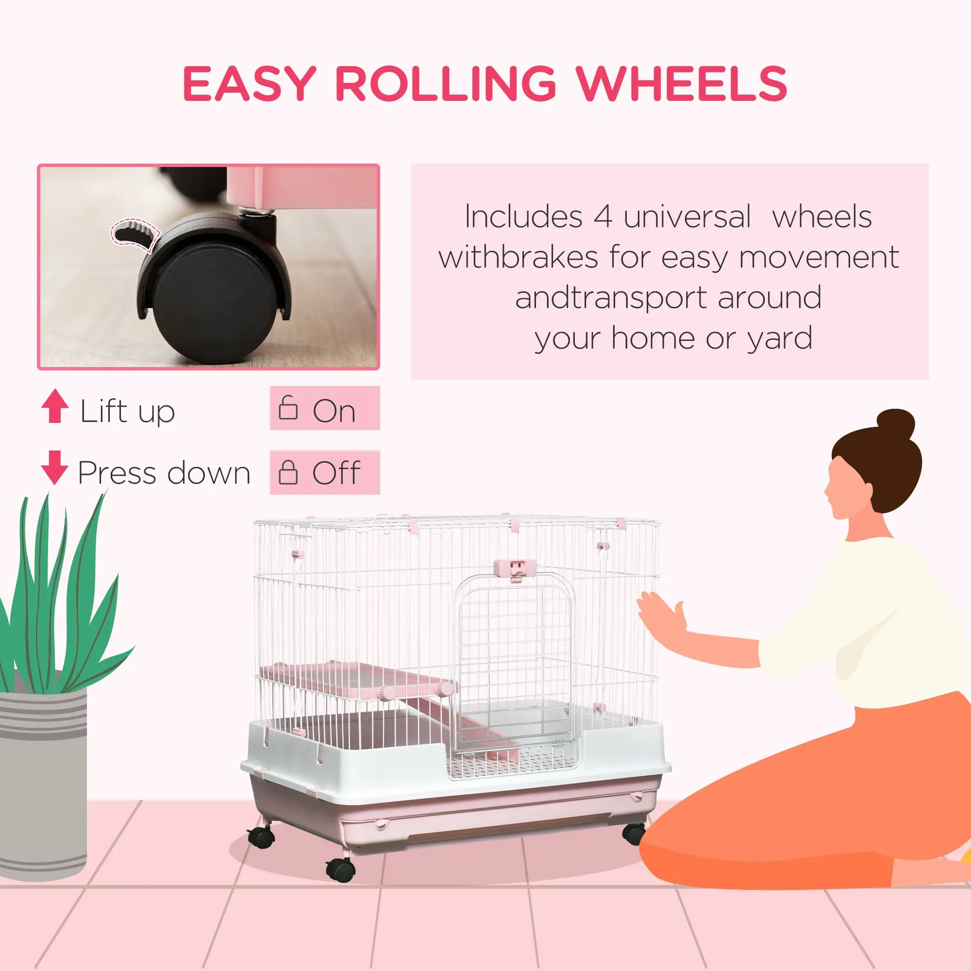 2-Level Pink Rabbit Hutch with Wheels for Small Animals Removable Tray for Bunny Chinchillas Ferrets Pet Cage - Image 6