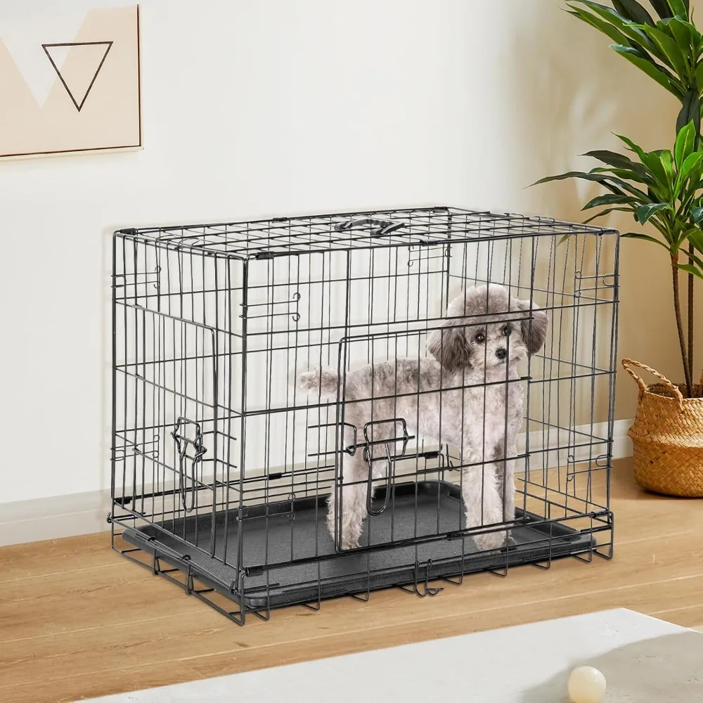 36 Inch Double Door Folding Metal Dog Crate with Divider Panel, Leak-Proof Tray for Indoor Outdoor Travel Use - Image 6
