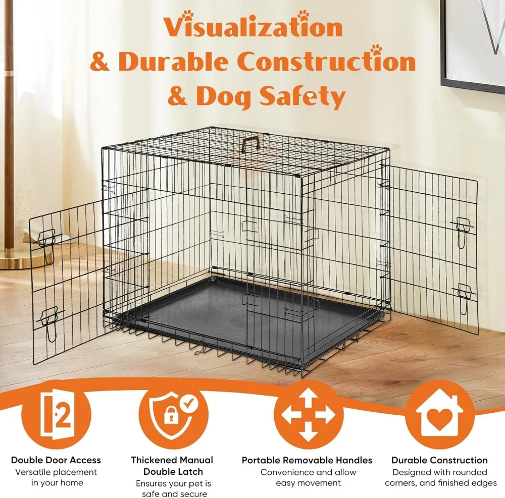 36 Inch Double Door Folding Metal Dog Crate with Divider Panel, Leak-Proof Tray for Indoor Outdoor Travel Use - Image 2