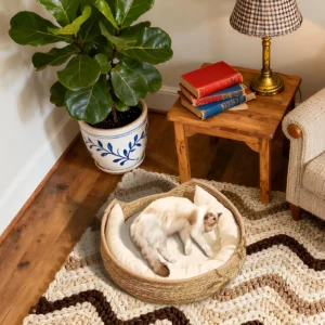 Cat Bed Cotton Rope Round Bed for Cat Sleep with Pillow All Season Indoor Weaving Pet Resting Scratching Sleeping Furniture