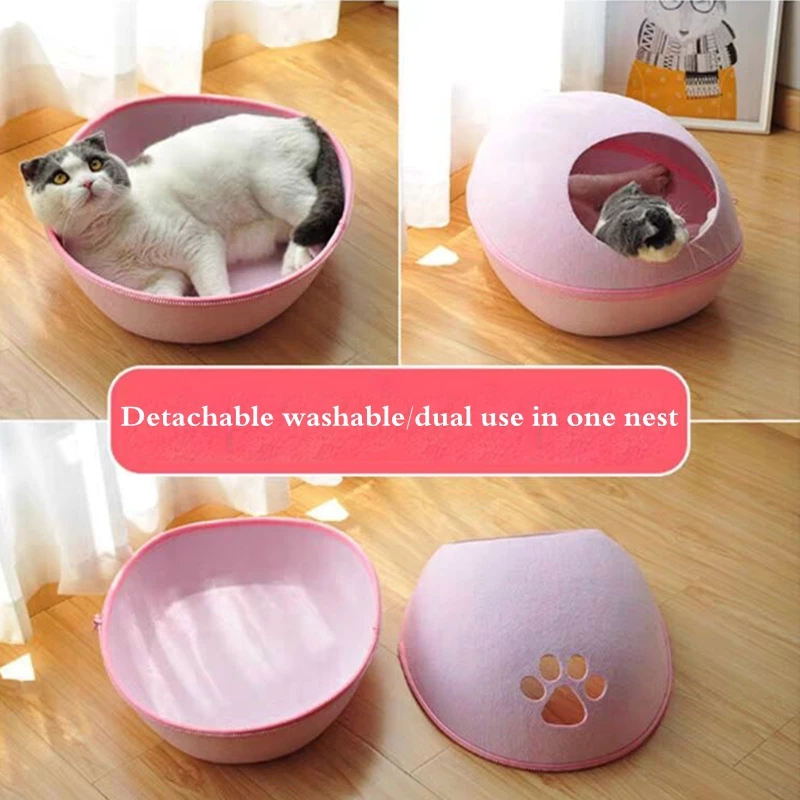 Cat Bed Detachable Natural felt Cat Bed Breathable Cat Cave Dark Gray Cat Bed House With Cushion for Pets Cats Pet Accessories - Image 3