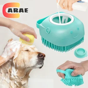 Dog Bathing Brush Pet Massage Brush Shampoo Dispenser Soft Silicone Brush Rubber Bristle for Dogs and Cats Shower Grooming Tool