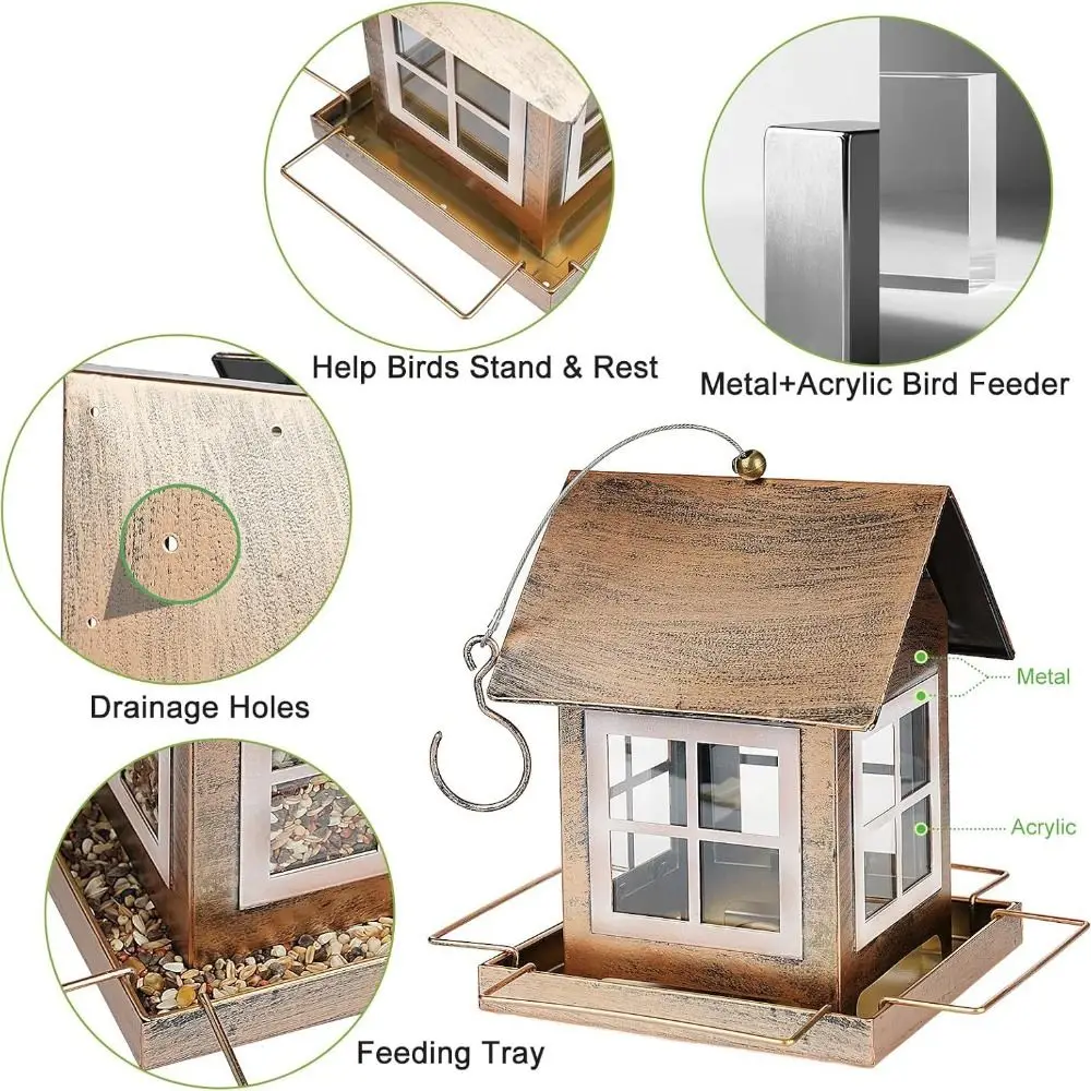 Bird Raising Tool Hanging Bird Feeder Large Capacity Windproof Bird Feeding Equipment Metal House Shape Bird Food Bowl Backyard - Image 2