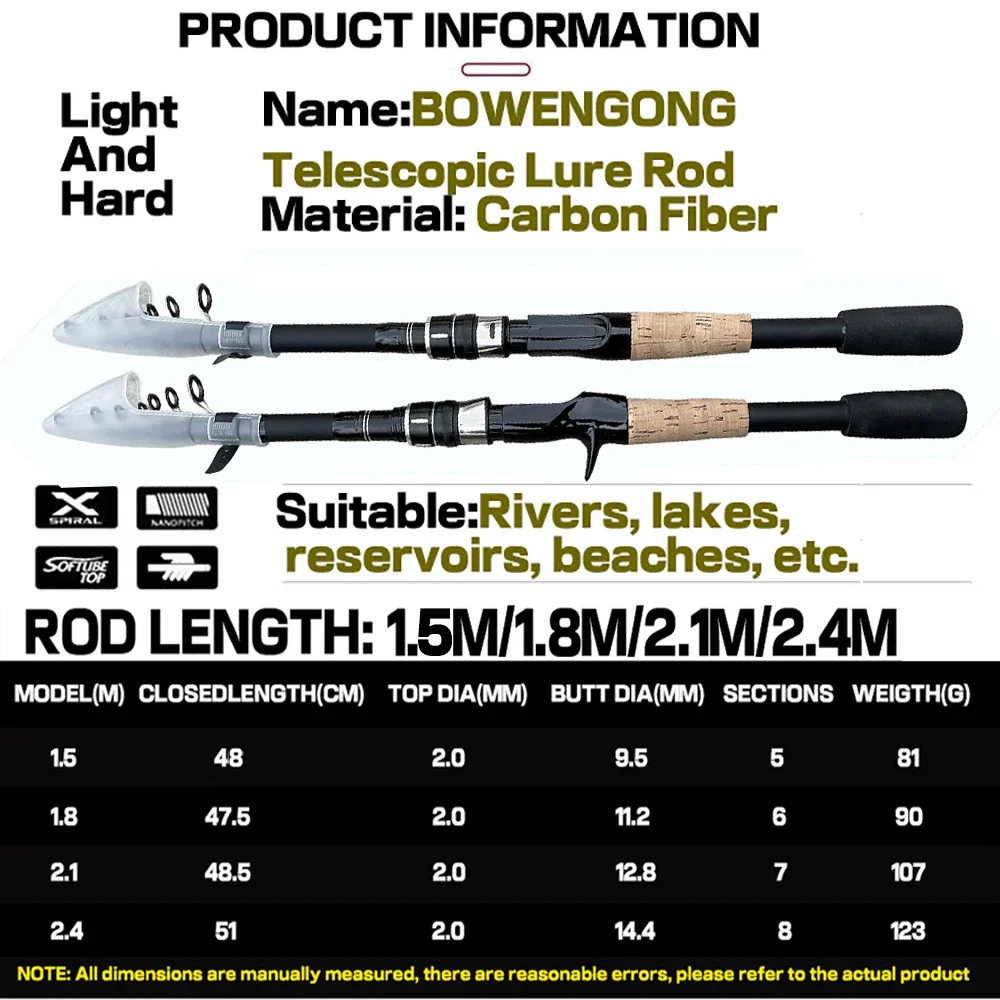 Bait Weight 8-25g Spinning Casting Rods Fishing Pole Tackle 1.5M/1.8M/2.1M/2.4M Telescopic Lure Rod Carbon Cork Wood Handle New - Image 2