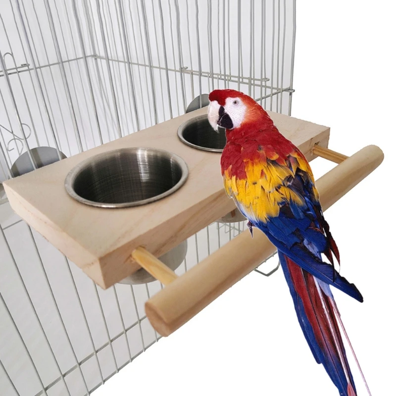 Bird Feeding Cup Hanging Parrot Feeder Stainless Steel Food Water Bowls with Platform Perch for African Greys Budgies Y5GB - Image 3