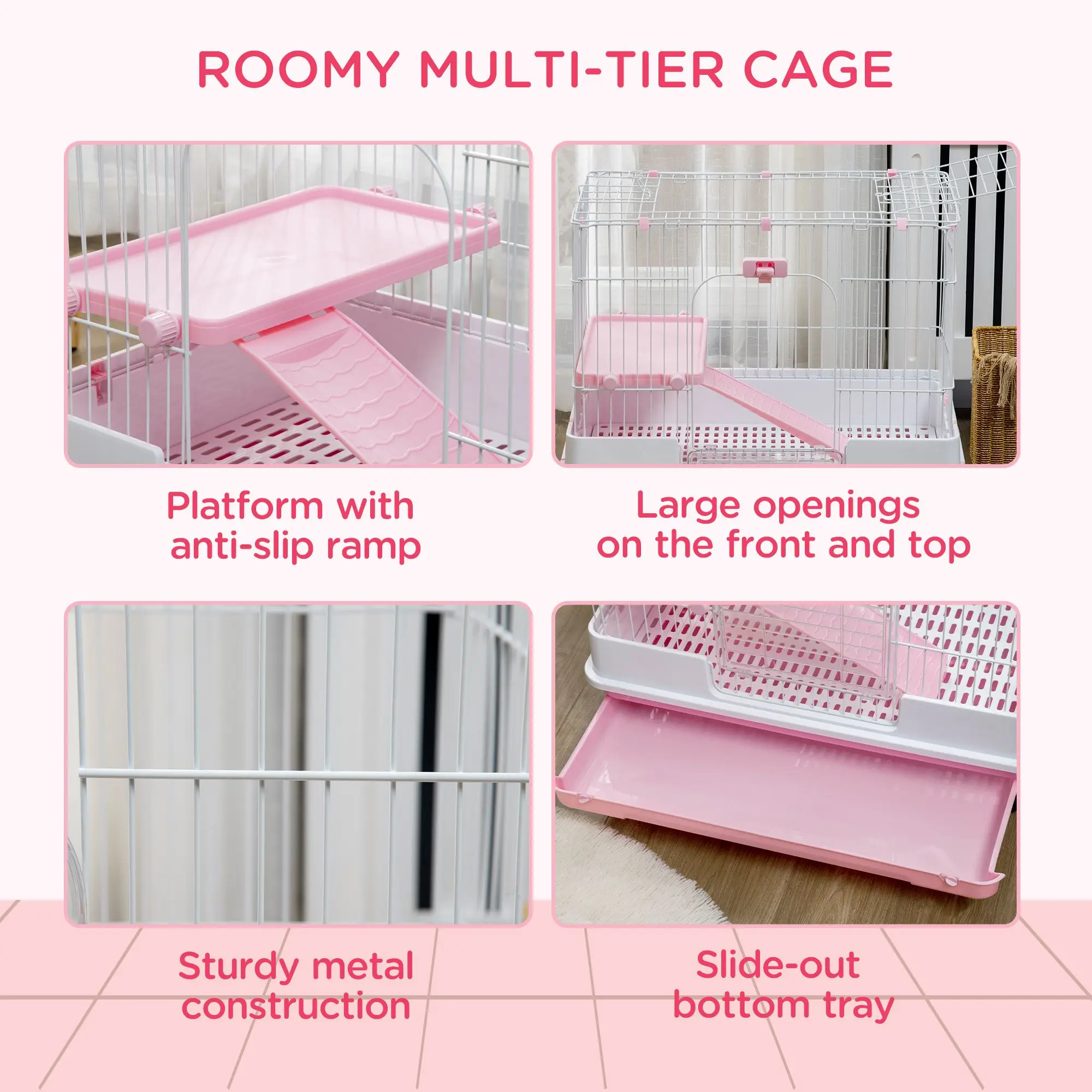 2-Level Pink Rabbit Hutch with Wheels for Small Animals Removable Tray for Bunny Chinchillas Ferrets Pet Cage - Image 5
