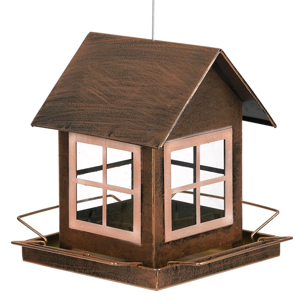 Bird Raising Tool Hanging Bird Feeder Large Capacity Windproof Bird Feeding Equipment Metal House Shape Bird Food Bowl Backyard