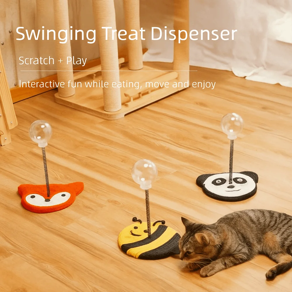 Cartoon Cat Treat Ball with Scratcher Sisal Base Spring Stand Pet Interactive Feeder Clear Ball Self Play
