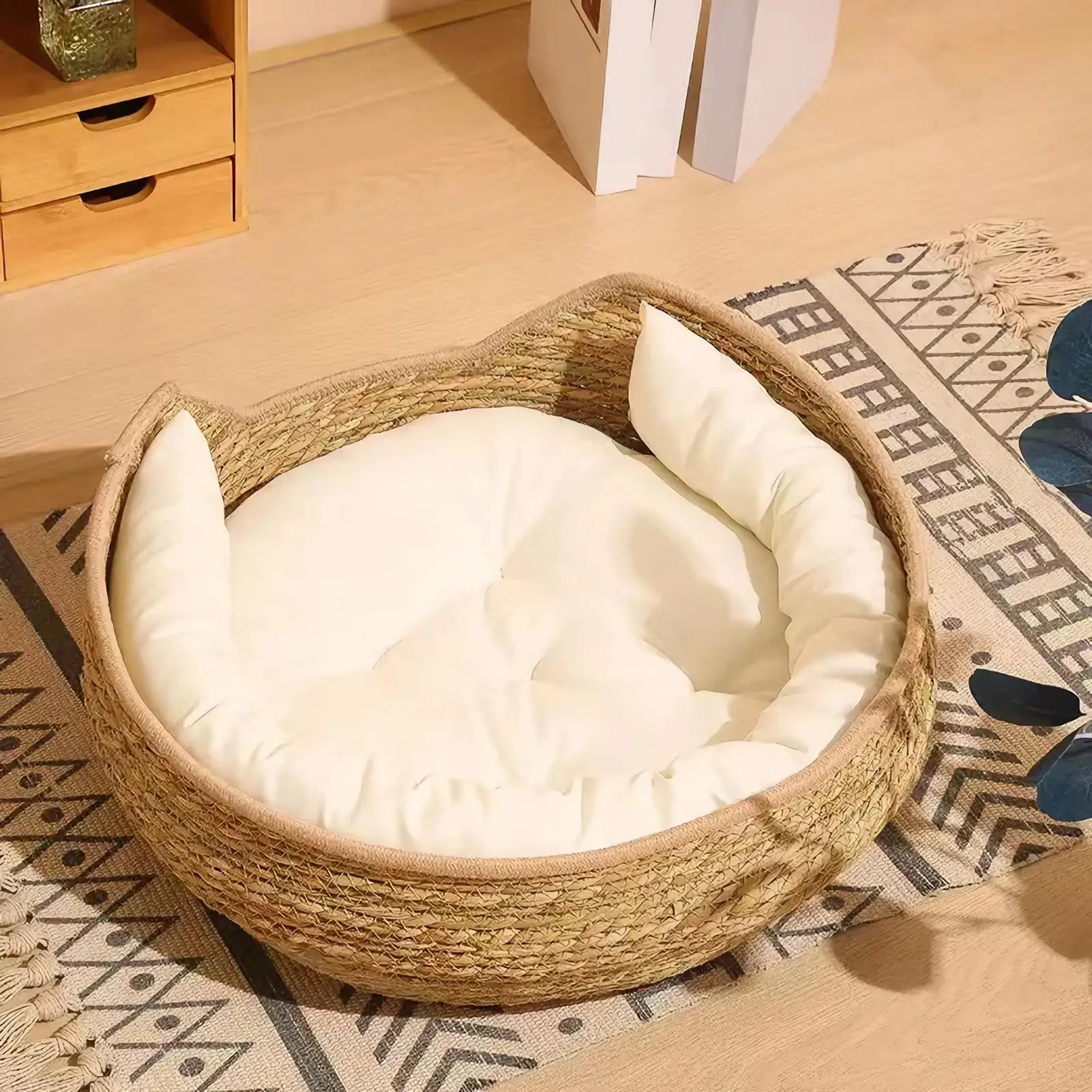 Pet Bed Soft Cat Kennel Dog Beds Sofa Bamboo Weaving Four Season Cozy Nest Baskets Removable Cushion Sleeping Bag - Image 3