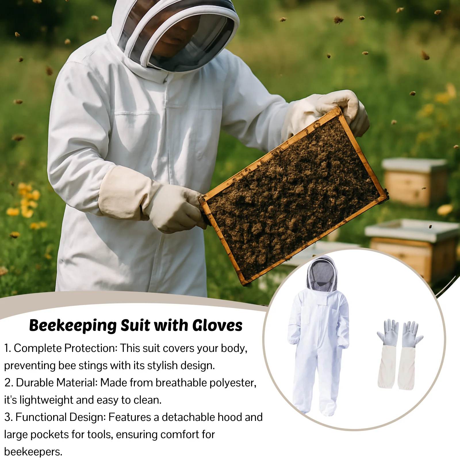 Ventilated Beekeeping Suit with Gloves Full Body Bee Suit Protective Clothing Outfit for Apiarist Farmhouse Backyard Beginners