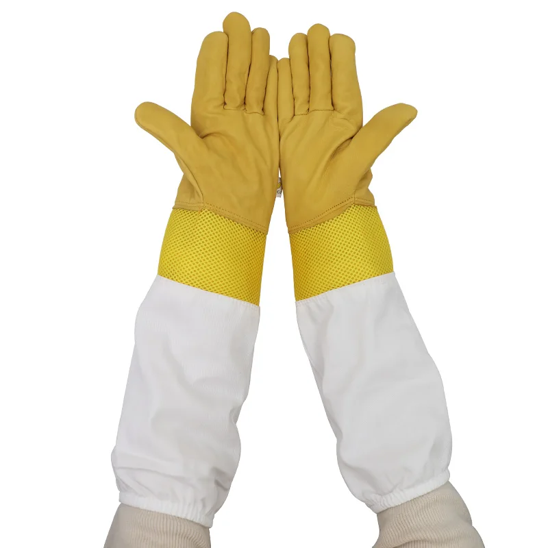 Beekeeping Gloves Yellow Short Mesh Protective Sleeves Breathable leather and Cloth Anti Bee Apiculture Beekeeping Gloves - Image 7