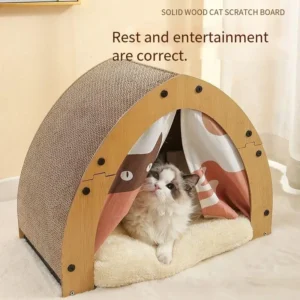 Luxury Four Seasons Universal Corrugated Paper Pet Tent Foldable Wood Cat House with Solid Pattern Cool Cat Nest for Pets