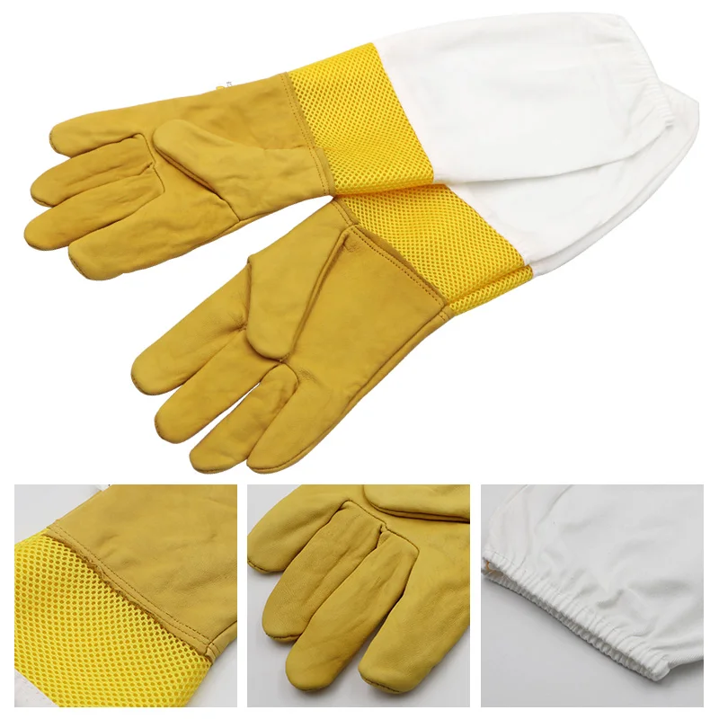 Beekeeping Gloves Yellow Short Mesh Protective Sleeves Breathable leather and Cloth Anti Bee Apiculture Beekeeping Gloves - Image 2