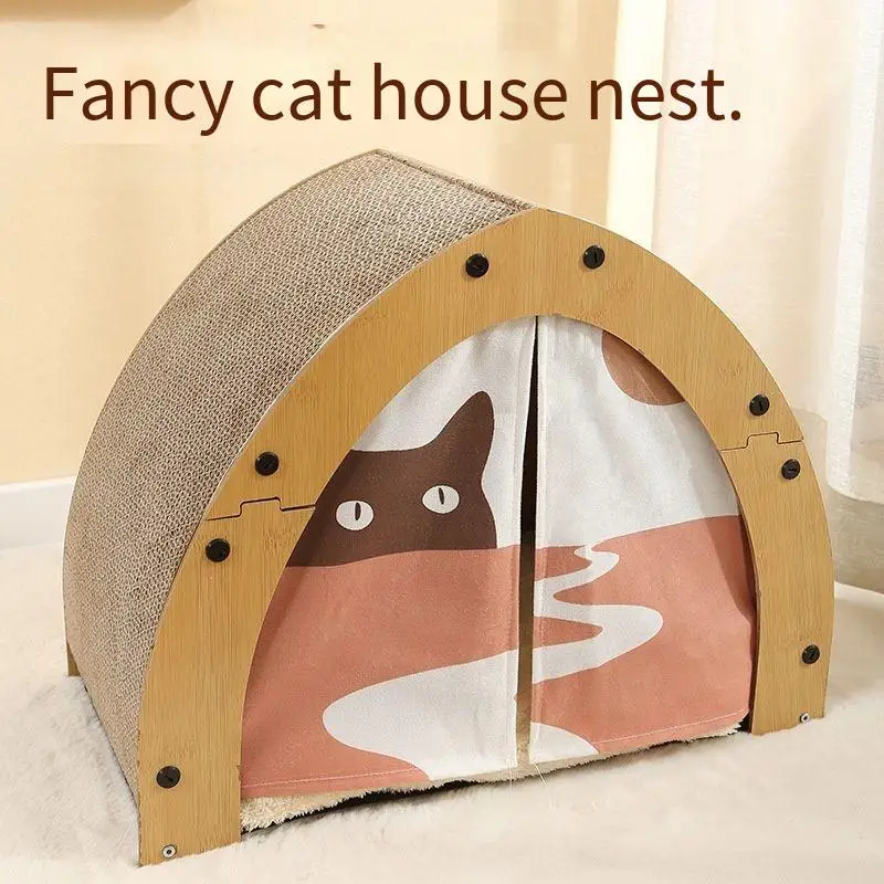 Luxury Four Seasons Universal Corrugated Paper Pet Tent Foldable Wood Cat House with Solid Pattern Cool Cat Nest for Pets - Image 2