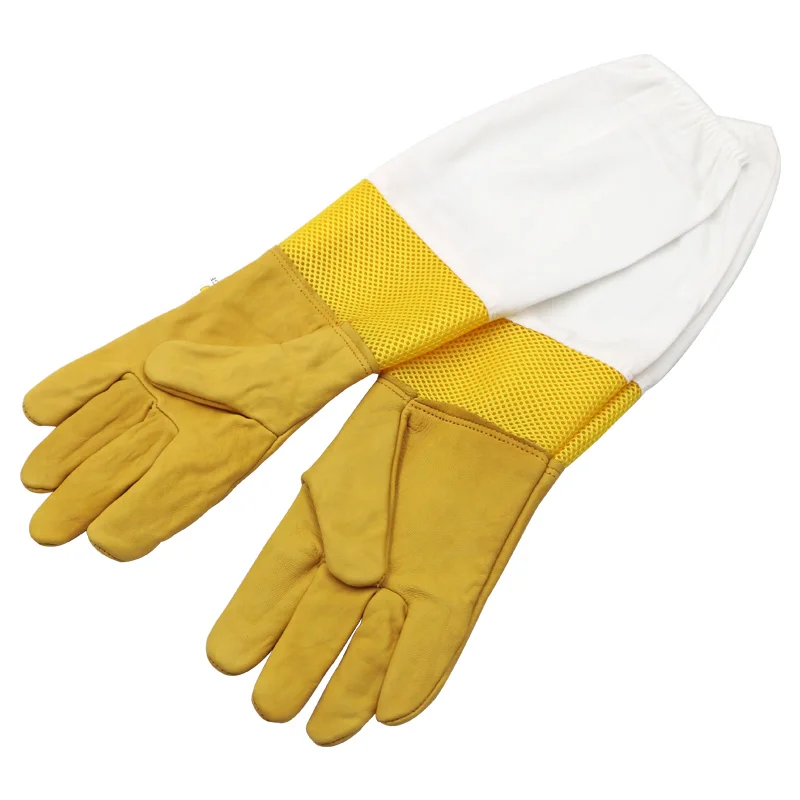Beekeeping Gloves Yellow Short Mesh Protective Sleeves Breathable leather and Cloth Anti Bee Apiculture Beekeeping Gloves - Image 6