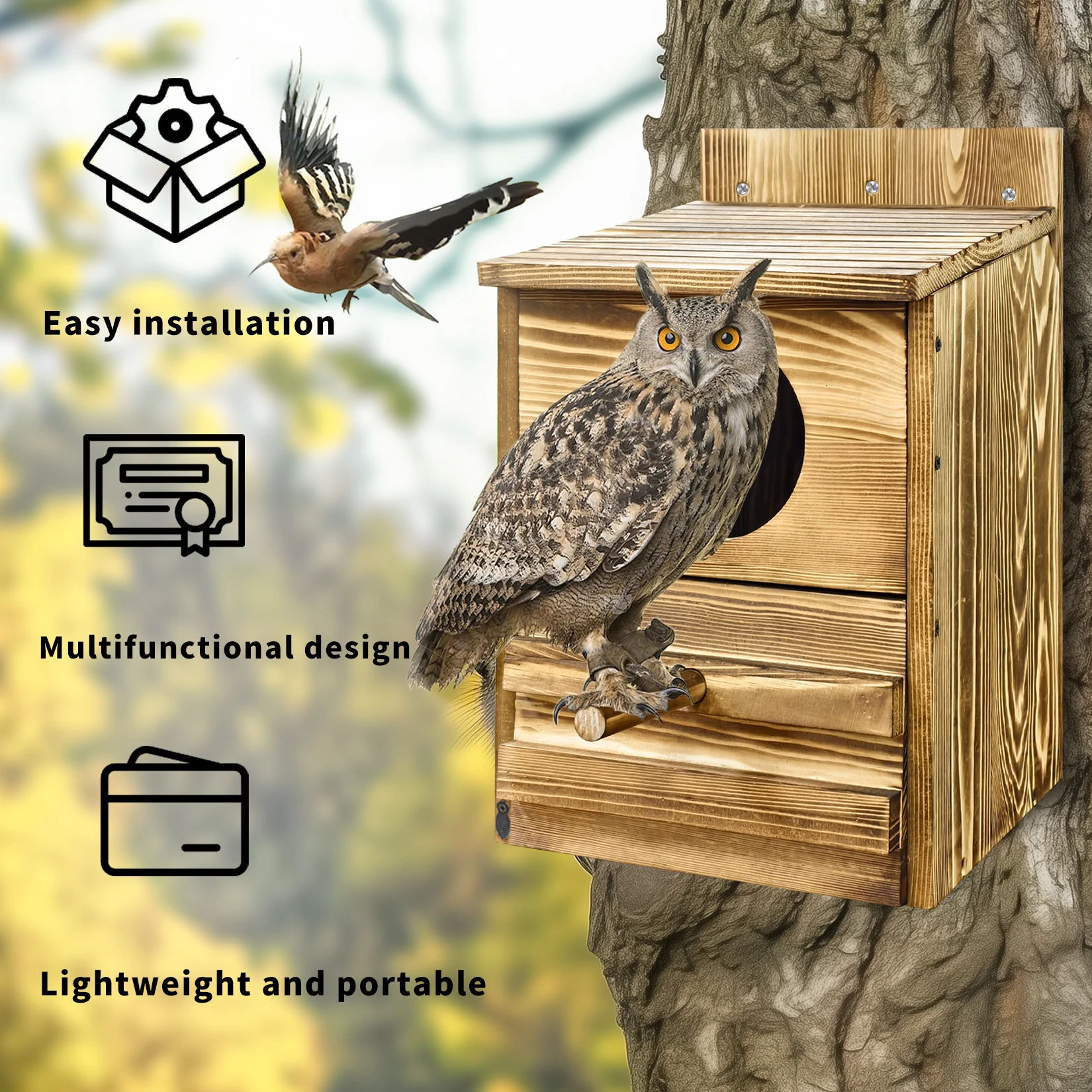 Bingopaw Owl House Prebuilt Box for Outside Screech Owls Kestrels Large Handmade Wooden Rectangular Opening Bird Box with Stand - Image 4