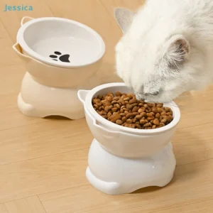 ♥Cat Dog Food Water Bowl-Raised Pet Feeder with Non-Slip Base & Paw Print Design,Neck Protection Bowl for Small Medium Pets