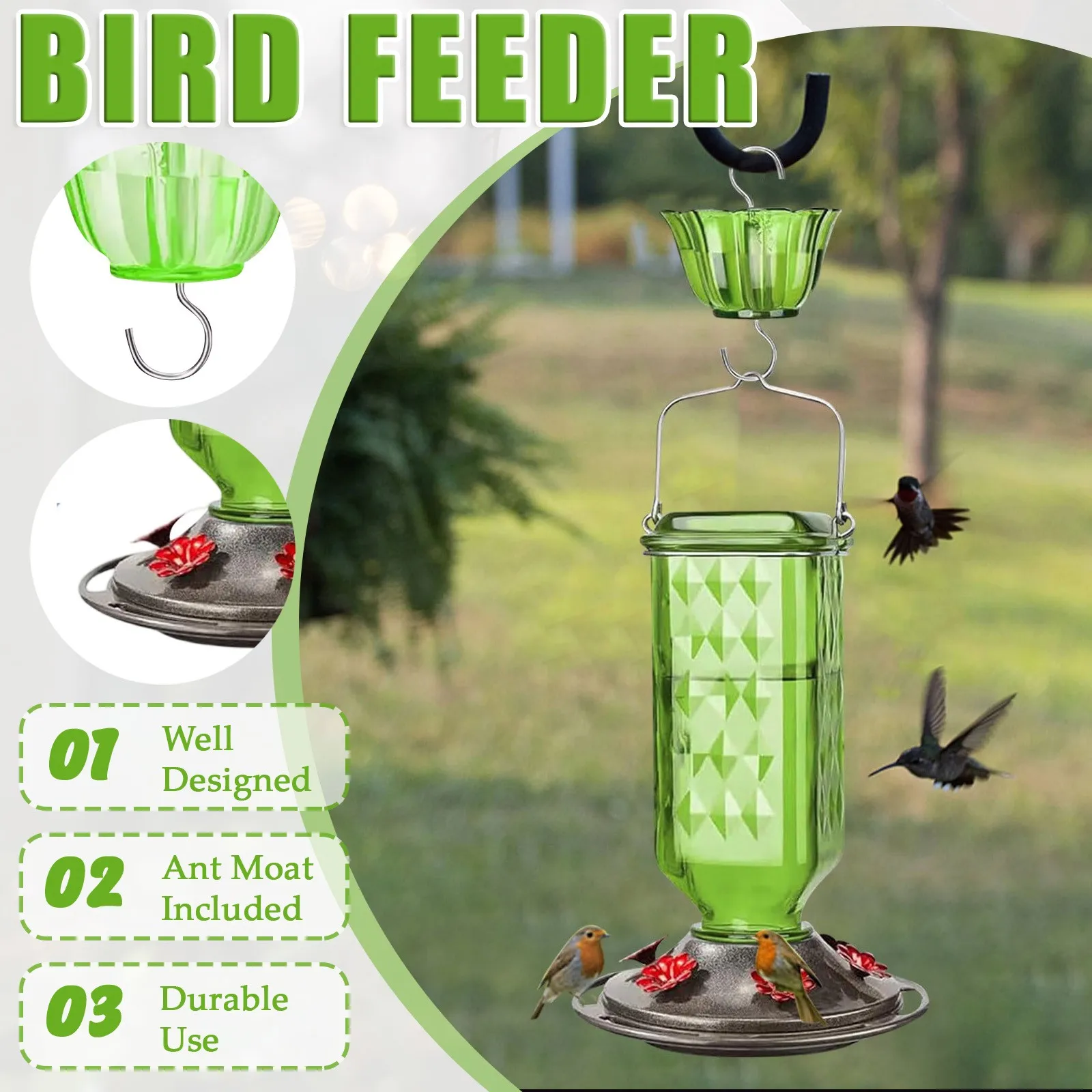 Glass Hanging Hummingbird Feeder Ant-Proof Bird Feeder Outdoor Garden Hanging Decorations Unique Gift For Parents - Image 3