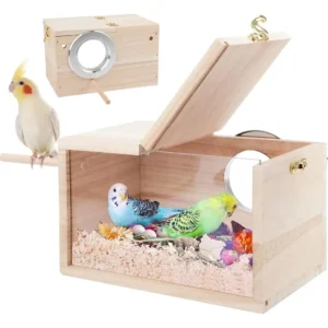 Parakeet Nesting Box Transparent Design, Thwartwise Bird Nest Breeding Box with Perch Wood Bird Cage House for Cockatiel Lovebir
