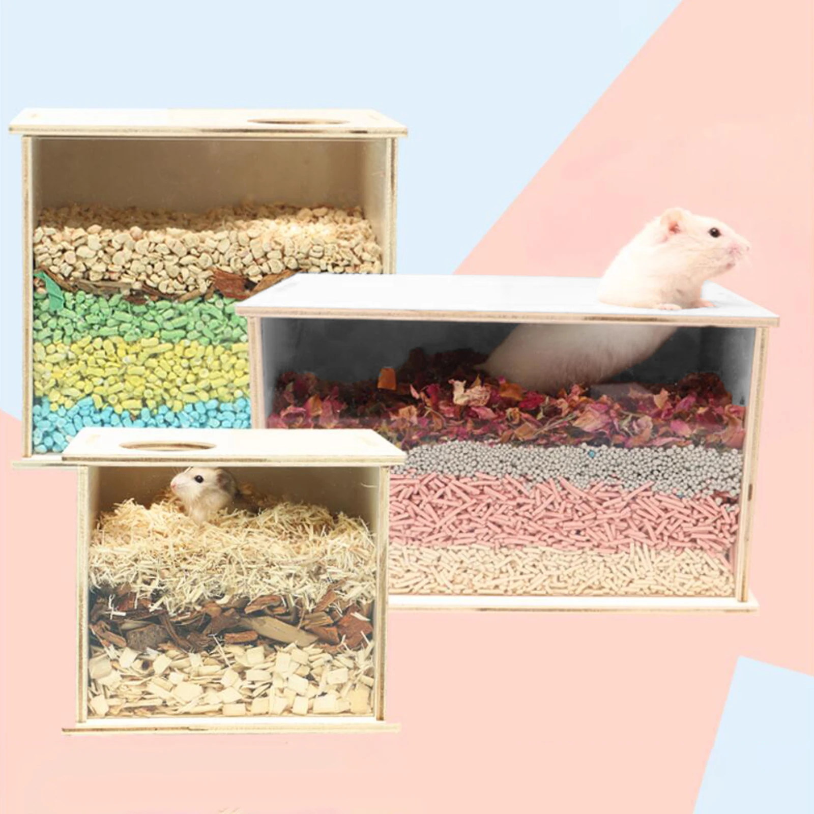 Wooden Hamster Cage Shelter Hutch Bed Hamster Digging Box Visible Wood Shower Room Sand Bath Box for Gerbils Chinchillas - Image 2