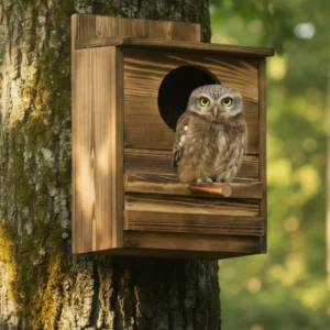 Bingopaw Owl House Prebuilt Box for Outside Screech Owls Kestrels Large Handmade Wooden Rectangular Opening Bird Box with Stand