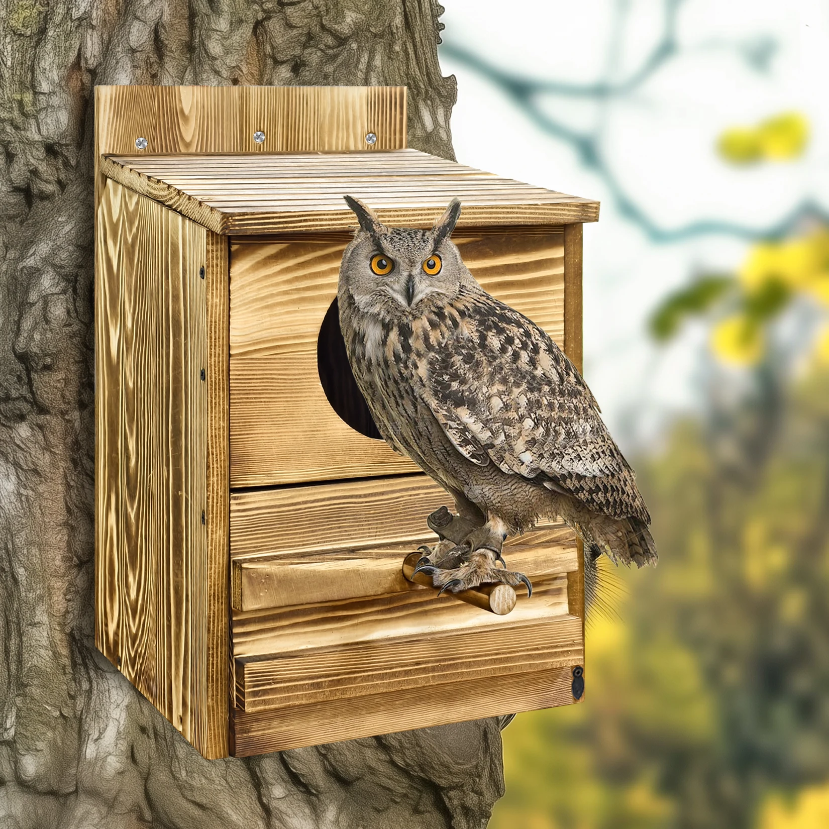 Bingopaw Owl House Prebuilt Box for Outside Screech Owls Kestrels Large Handmade Wooden Rectangular Opening Bird Box with Stand - Image 7