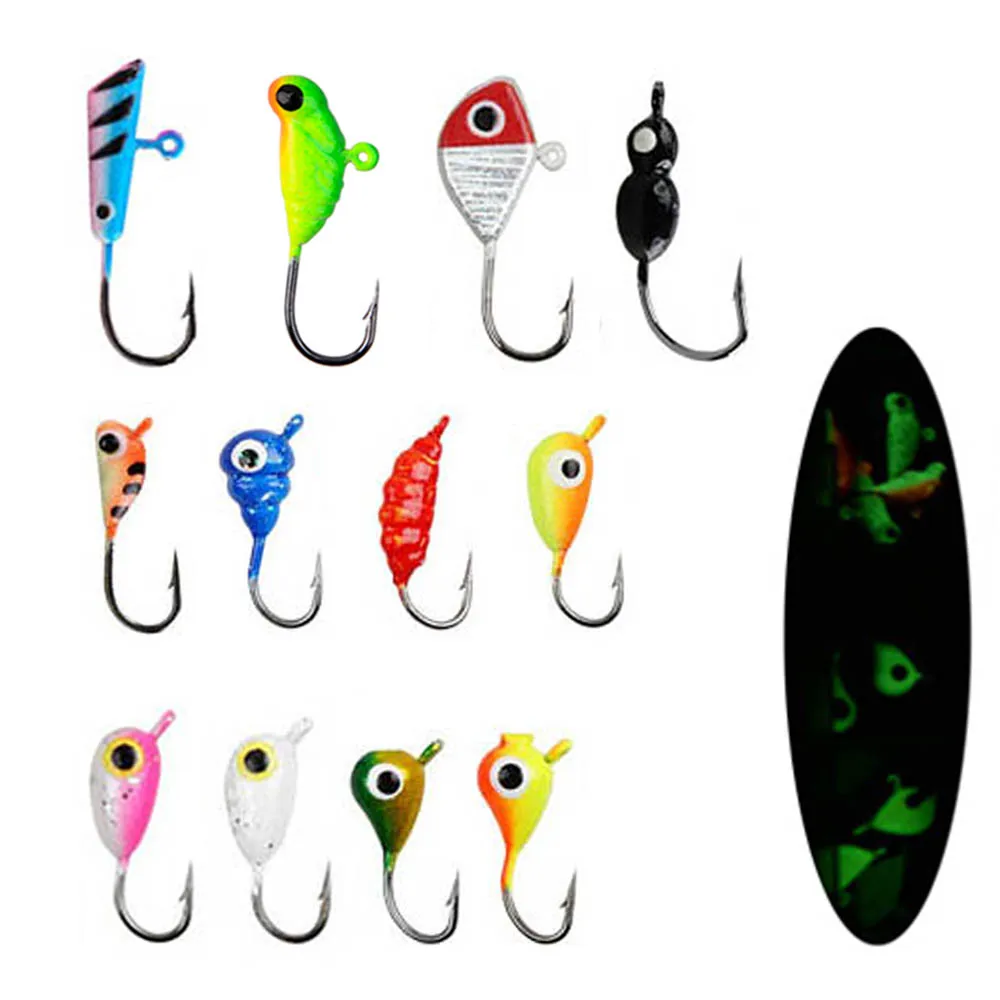 12Pcs Winter Ice Fishing Lure ice jigs for Crappie Bass Panfish 1.2g-2.6g Artificial bait Hard Jig Head Hooks Fishing Kit