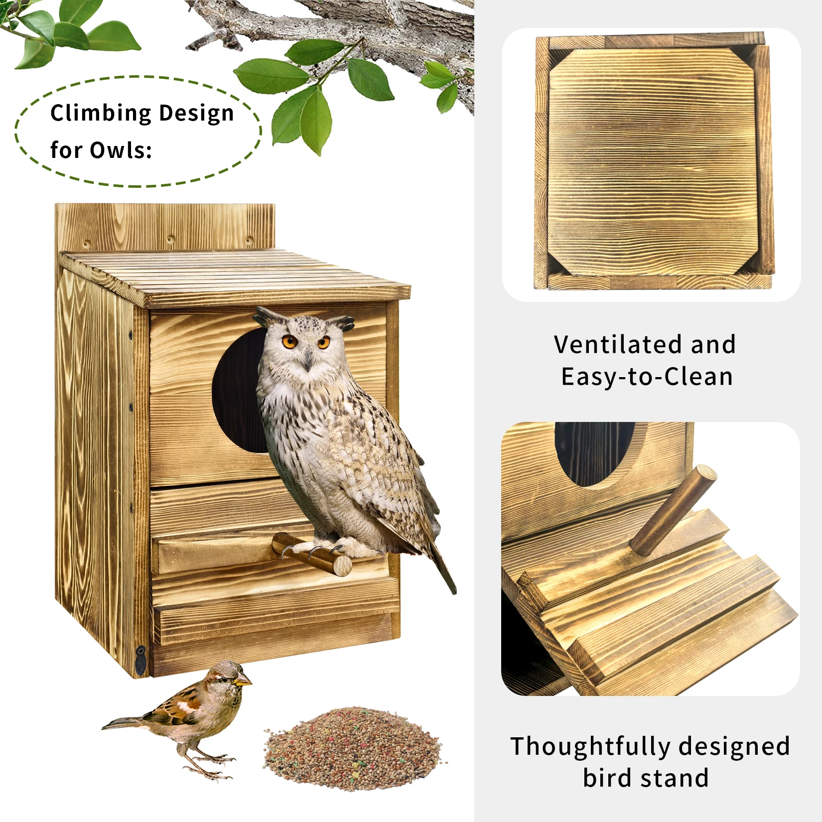 Bingopaw Owl House Prebuilt Box for Outside Screech Owls Kestrels Large Handmade Wooden Rectangular Opening Bird Box with Stand - Image 2