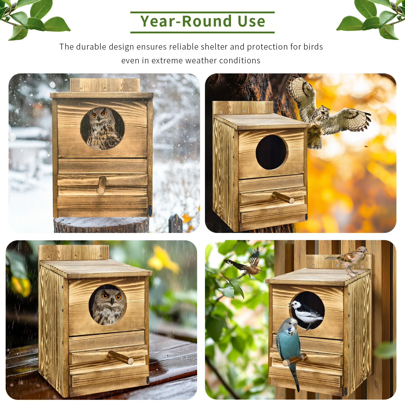 Bingopaw Owl House Prebuilt Box for Outside Screech Owls Kestrels Large Handmade Wooden Rectangular Opening Bird Box with Stand - Image 5