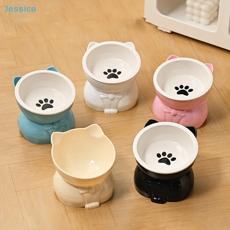 ♥Cat Dog Food Water Bowl-Raised Pet Feeder with Non-Slip Base & Paw Print Design,Neck Protection Bowl for Small Medium Pets - Image 2