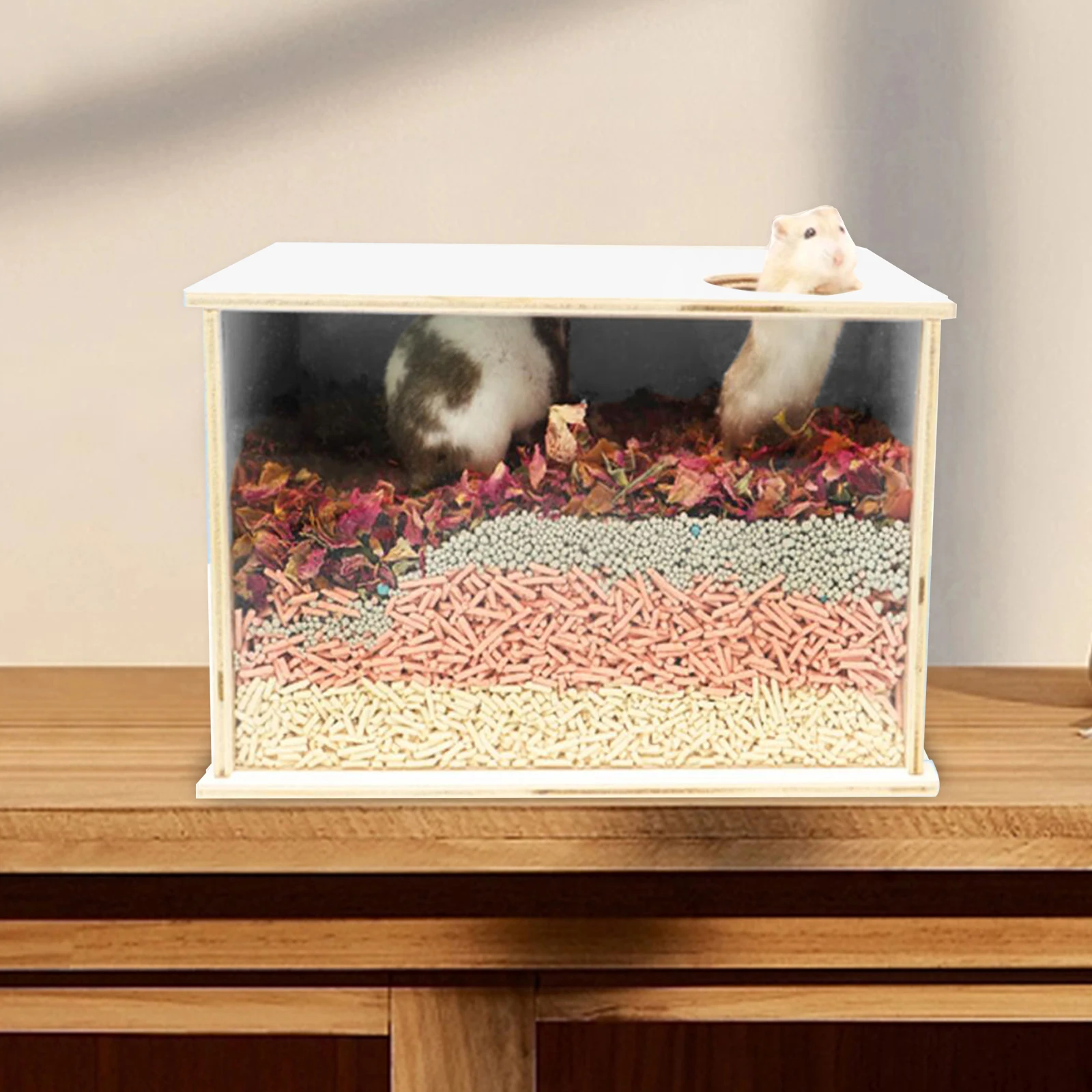 Wooden Hamster Cage Shelter Hutch Bed Hamster Digging Box Visible Wood Shower Room Sand Bath Box for Gerbils Chinchillas - Image 4